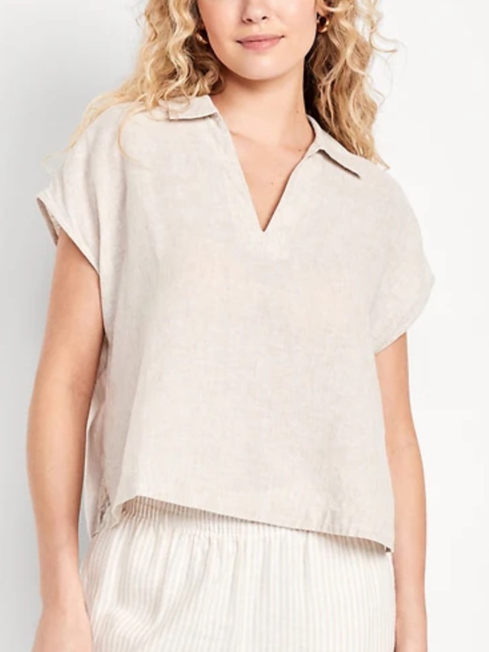 Old Navy Linen-Blend Cropped Popover Shirt Cream Small